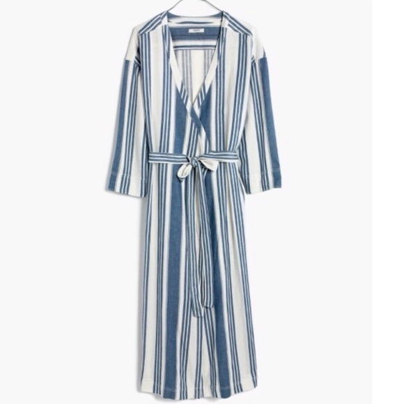 Madewell Cotton Linen Blend Linn Stripe Wrap Midi Dress - Picture 8 of 12
